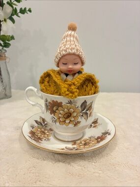 Vintage Queen Anne Floral Teacup & Saucer with Mustard Crochet Accent